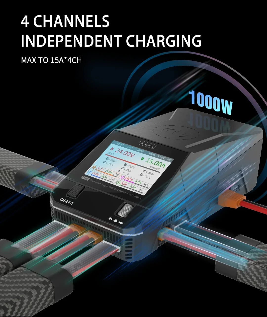 ToolkitRC Q6AC Smart Charger 4CH Output AC/DC Balance Charger For 1-6S Lipo LiHv LiFe Lilon LTO/1-16S NiMH/1-10S PB Battery NEW