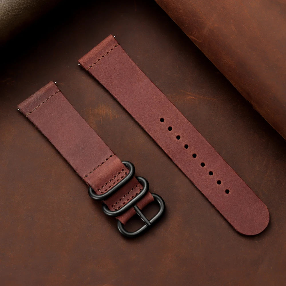 20mm 22mm Crazy Horse Leather Watch Band Black Ring Buckle Strap for Samsung Galaxy Watch 7/6/5/4 for Huawei Watch GT 5-4-3-pro