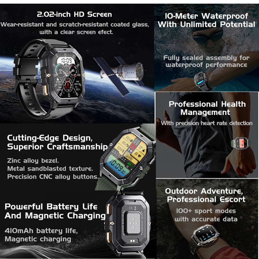 LEMFO New C28 Smart Watch Men 100+ Sports Modes Bluetooth Call Smartwatch 2024 2.02" 1ATM Waterproof Outdoor Military Wristwatch