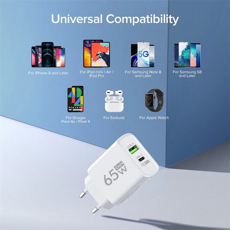 Total 65W GaN Charger USB Type C PD Fast Charging for iPhone 15 14 13 Xiaomi 14 Samsung Oneplus Quick Phone Charger Wall Adapter