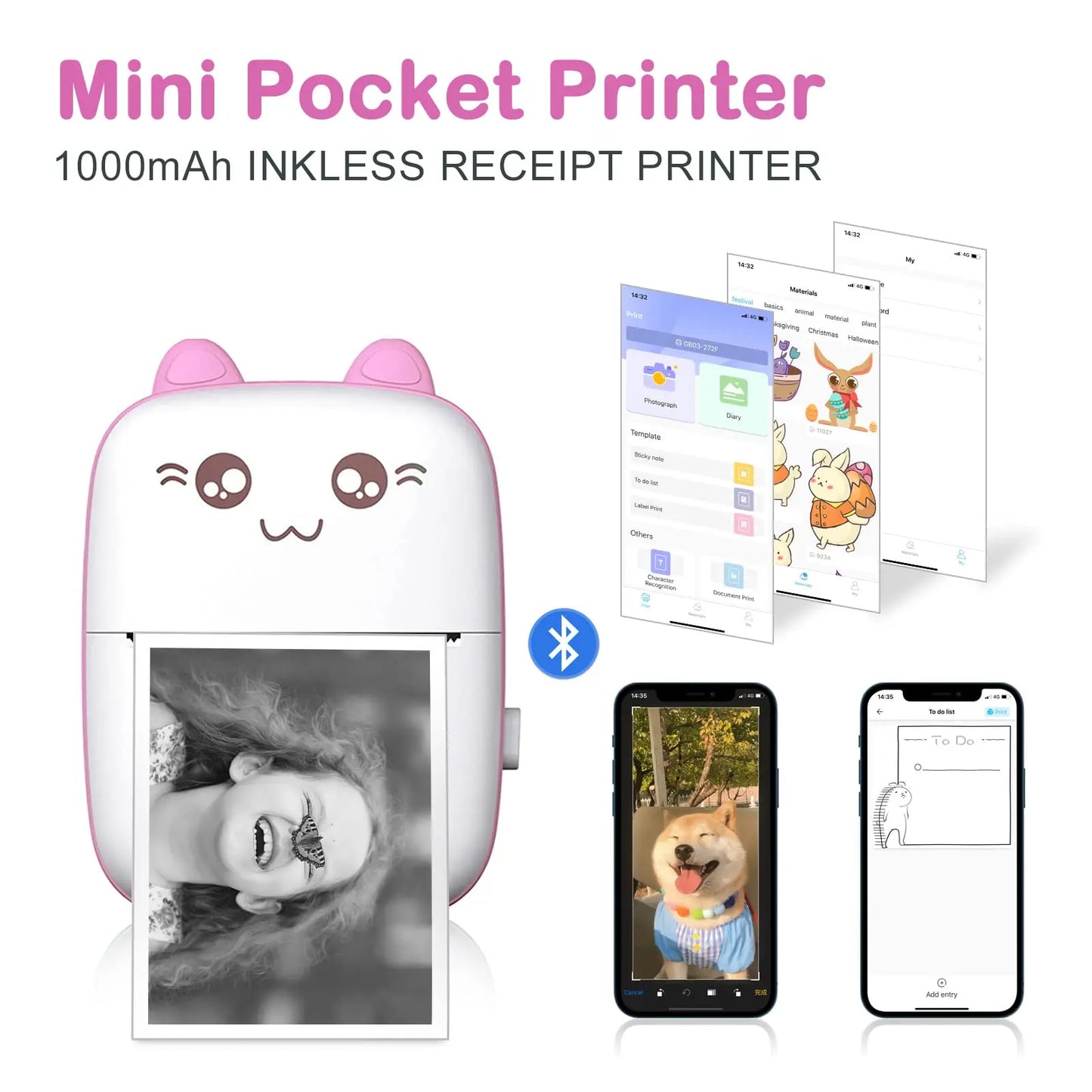 Mini 58mm Portable Thermal Printer Cat Shapes Wireless Photo Label Memo Wrong Question Printing With USB Cable Portable Printer