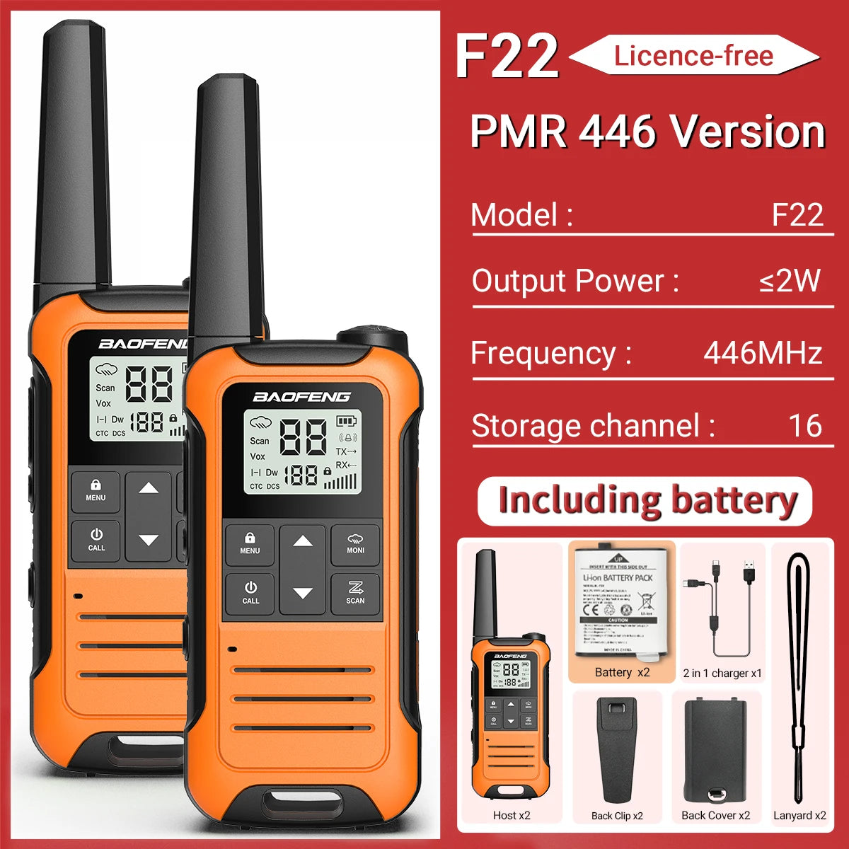 2pcs Baofeng F22 Mini Walkie Talkie PMR FRS Long Range Rechargable Portable Kids Two Way Radio Type-C Charger for Camping Trip