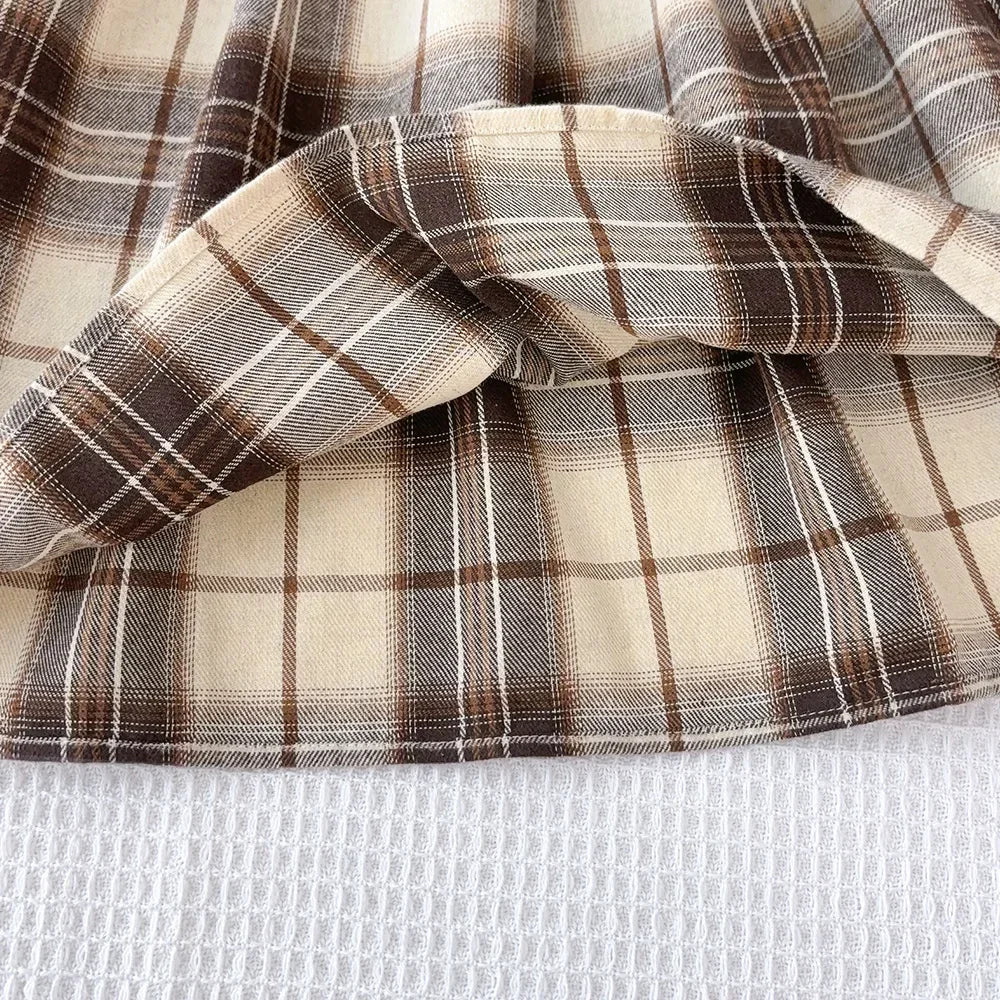 Korean Version Long Sleeved Shirt Fake Two-piece with Belt+Print Hat Outfits 3-7 Years Old Autumn New Plaid Girls Casual Dresses