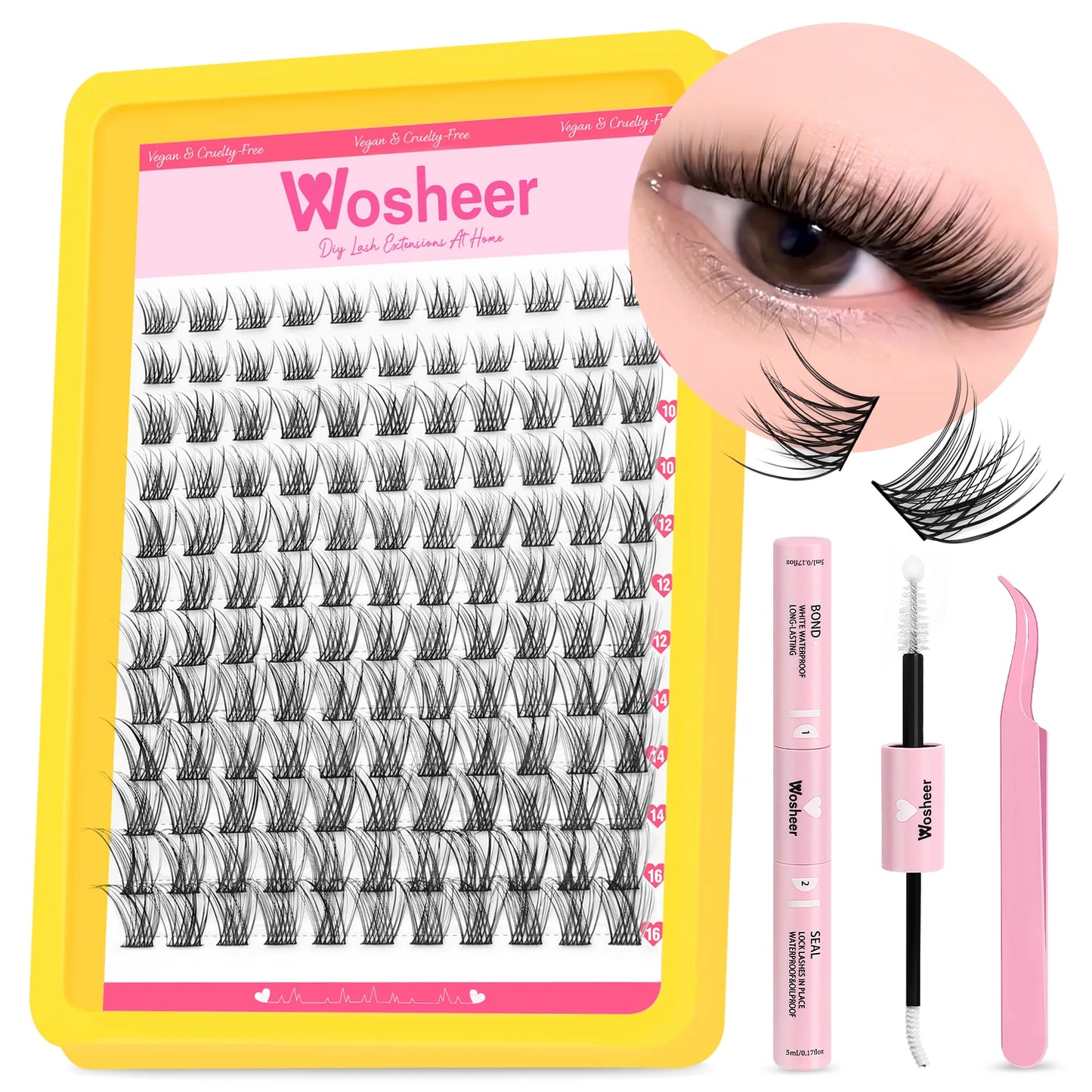 WOSHEER Lashes Cluster Kit Cat Lashes DIY Natural Eyelash Extension Kit Lash Bond & Seal Eyelash Clusters Set Makeup
