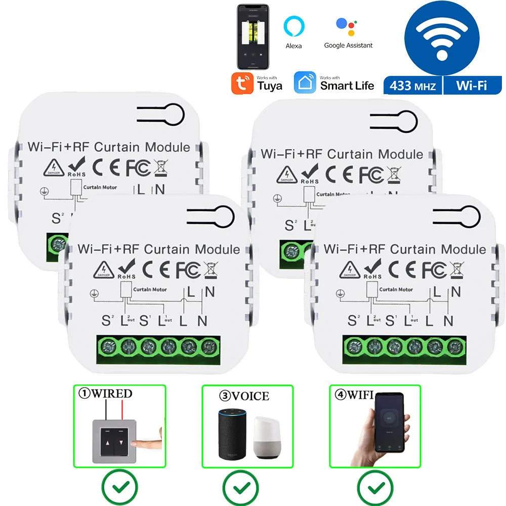 Tuya WiFi RF Smart Curtain Switch Smart Life Wireless Roller Shutter Remote Controller 110V 220V Timing Module,for Google/Alexa