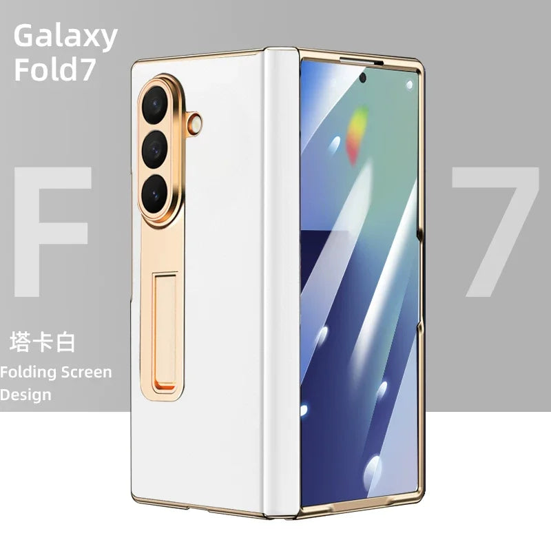Luxury Leather Cover For Samsung Z Fold 7 6 5 Case Plating Stand Hinge Front Glass Screen