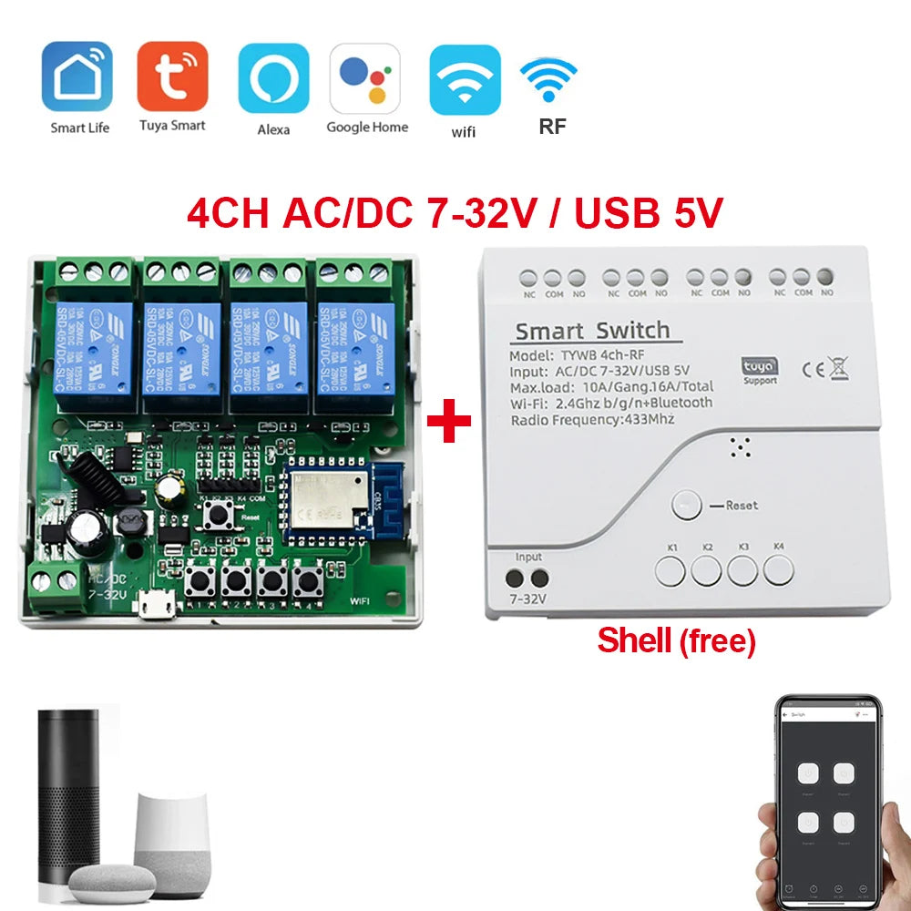 Tuya Smart 4 Channel WiFi RF Momentary Inching Relay Self-Lock Switch Module,DIY WiFi Garage Door Controller, Alexa Google Home