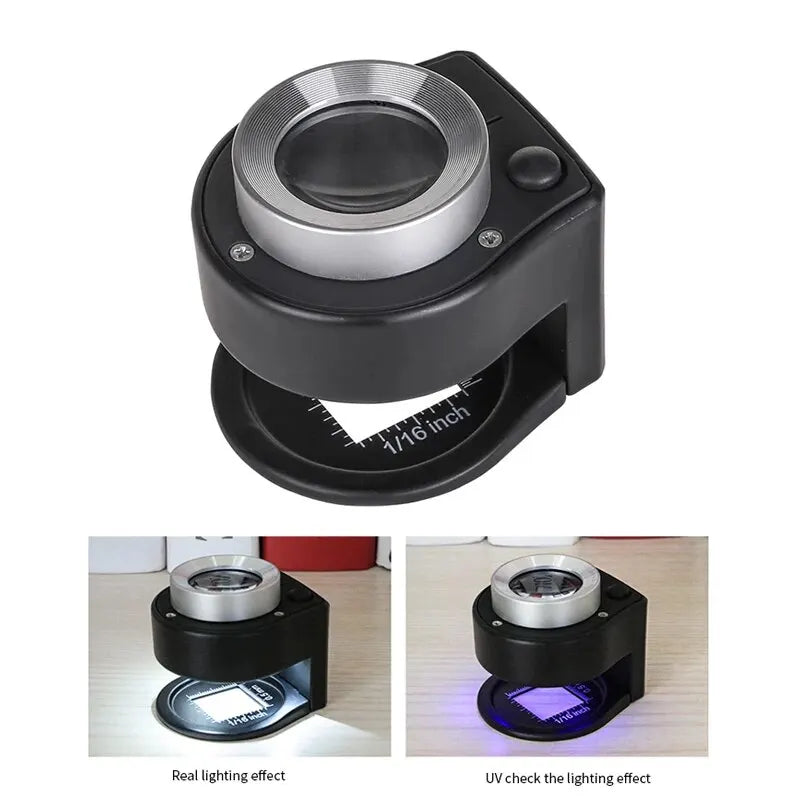 Portable 30X Magnification Loupe Full Metal Black Money Detecting Lamp Scale Measurement With LED And UV Lights