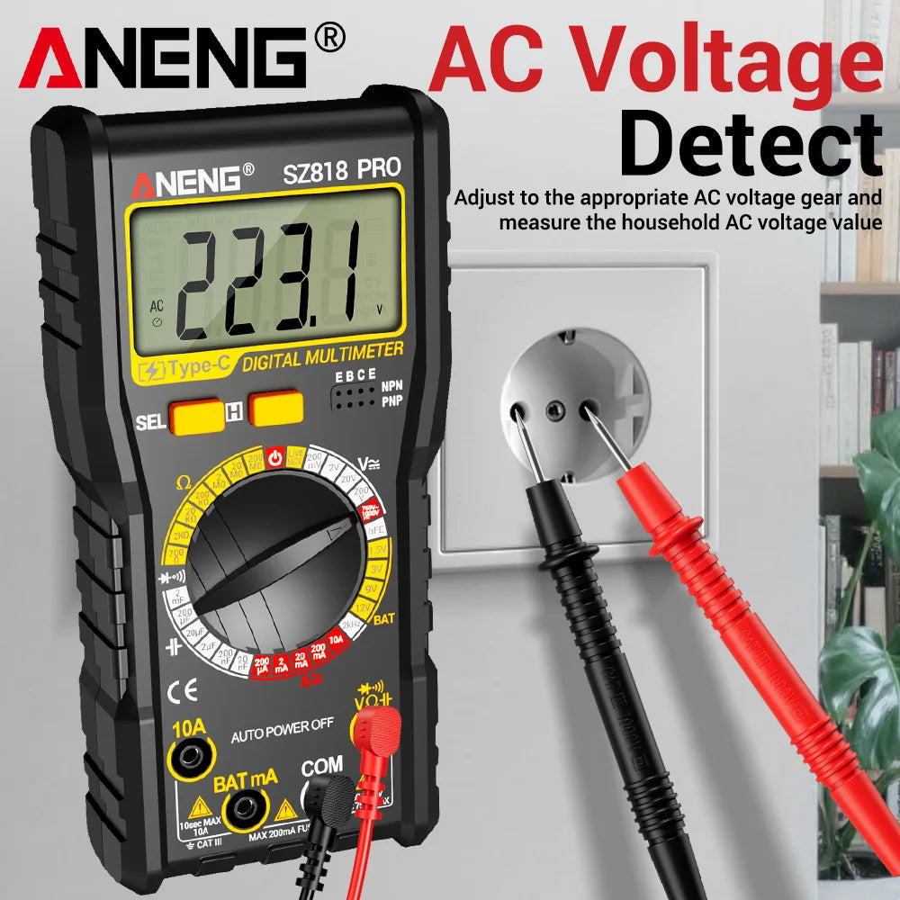 Smart Rechargeable Digital Multimeter Tester ANENG SZ818 PRO AC/DC Voltage Ammeter Pnp Npn Resistance hFE Capacitor tester tools