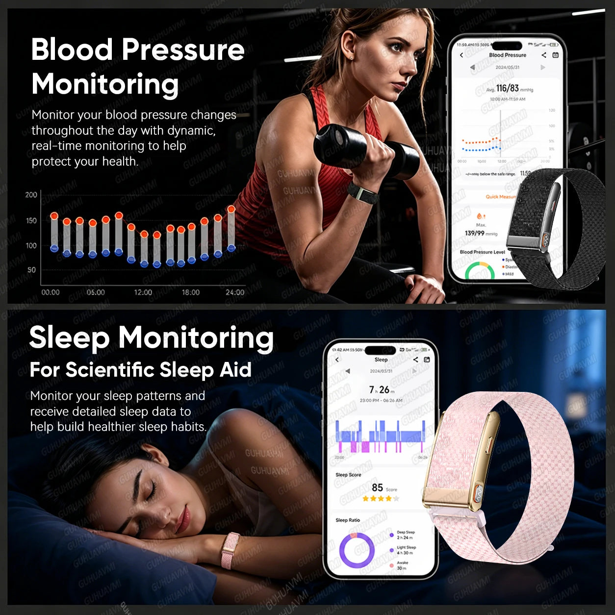GUHUAVMI ECG+HRV Health Smart Bracelets Heart Rate Blood Pressure Body Fat BMI Body Temperature 3ATM Fitness Tracker Smart Watch