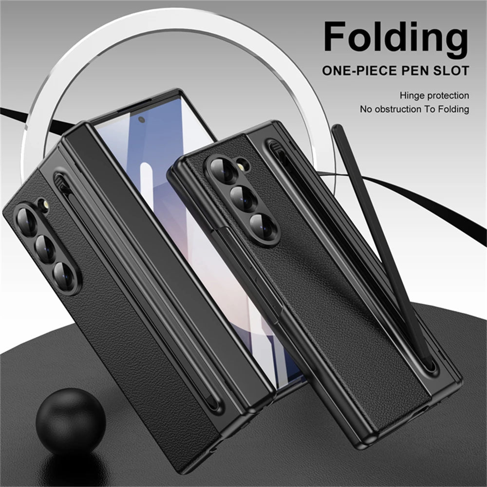 For Samsung Galaxy Z Fold 7 6 5 4 3 Leather Hinge Phone Case Outer Screen Glass S Pen Slot Protective Cover for Galaxy Z Fold 7
