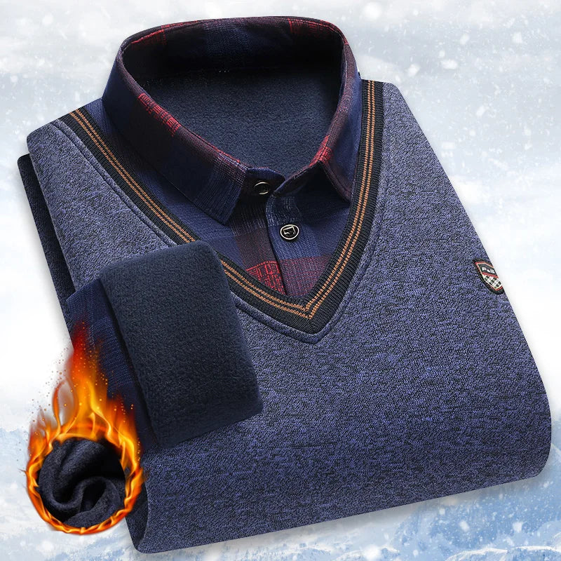 Vintage Plaid Sweater Pullover Men Thick Warm Knitwear Winter Autumn Clothing Patchwork Men's Fleeced Polo Collar Pullovers