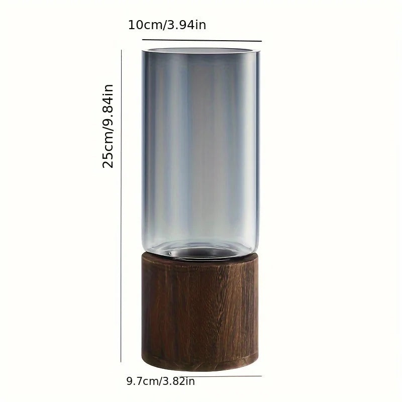 Elegant Glass Vase with Wooden Base for Hydroponic Plants,  Modern Tabletop Floral Arrangement Home Decoration