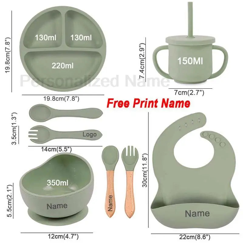 8Pcs Baby Silicone Feeding Set Round Dining Plate Sucker Bowl Dishes For Kids Personalized Name Children's Tableware Straw Cup