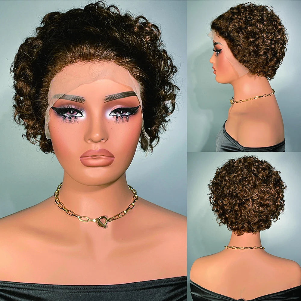 99J Wigs Human Hair Cheap Pixie Cut Wig 13X1 Transparent Lace Wig For Women Short Curly Human Hair Wig 180 Density