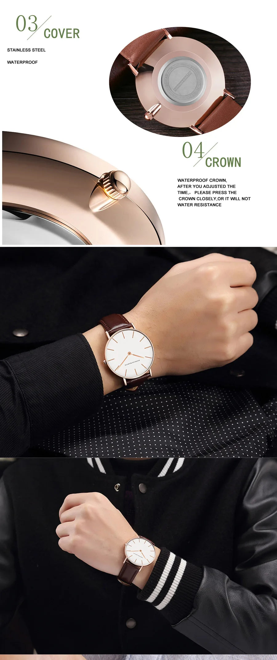 Hannah Martin Brand Fashion  Japan Quartz Wrist Watches Silver Brown Leather Men Watch Waterproof Dress Watch Men Casual