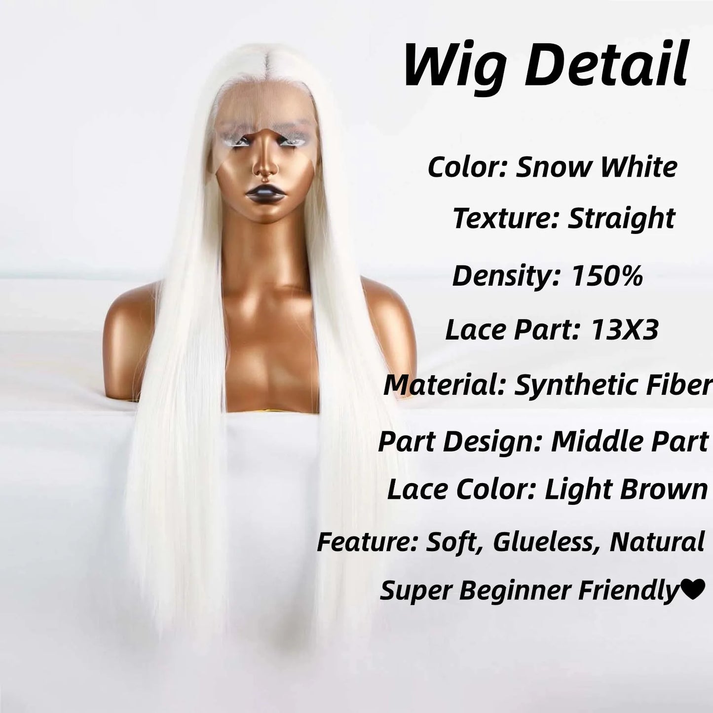 White Wig Straight Synthetic Lace Front Wig Glueless Wigs Ready to Wear Long White Wig Cosplay Snow White Colored Wigs for Women