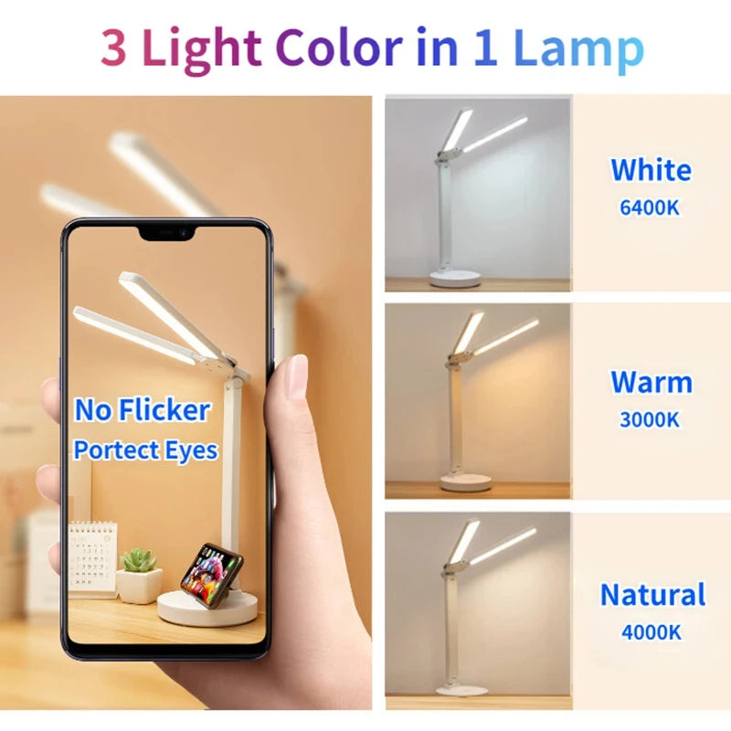 Multifunctional Eye Protection Rechargeable LED Clock Dimmable Desk Lamp 180° Rotating Foldable Desktop Reading Night Light USB