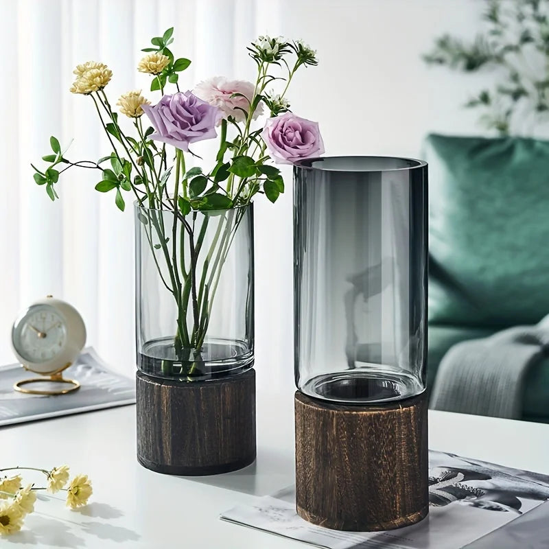 Elegant Glass Vase with Wooden Base for Hydroponic Plants,  Modern Tabletop Floral Arrangement Home Decoration