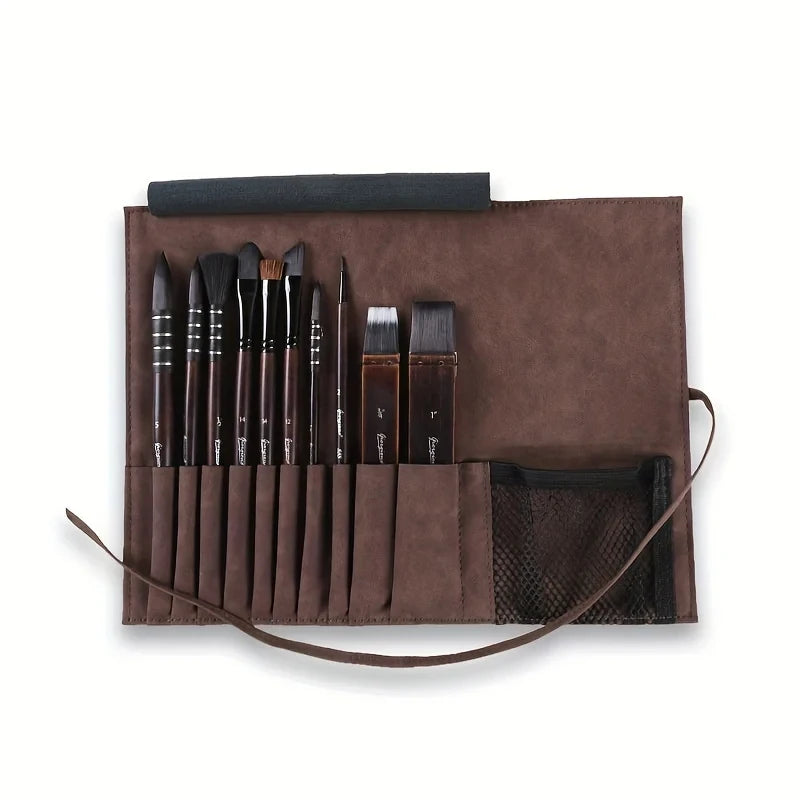 GIORGIONE，10pcs Master levePaint Brush, Squirrel Hair Watercolor Brush Set, High-end Brush Curtain, Matte Leather