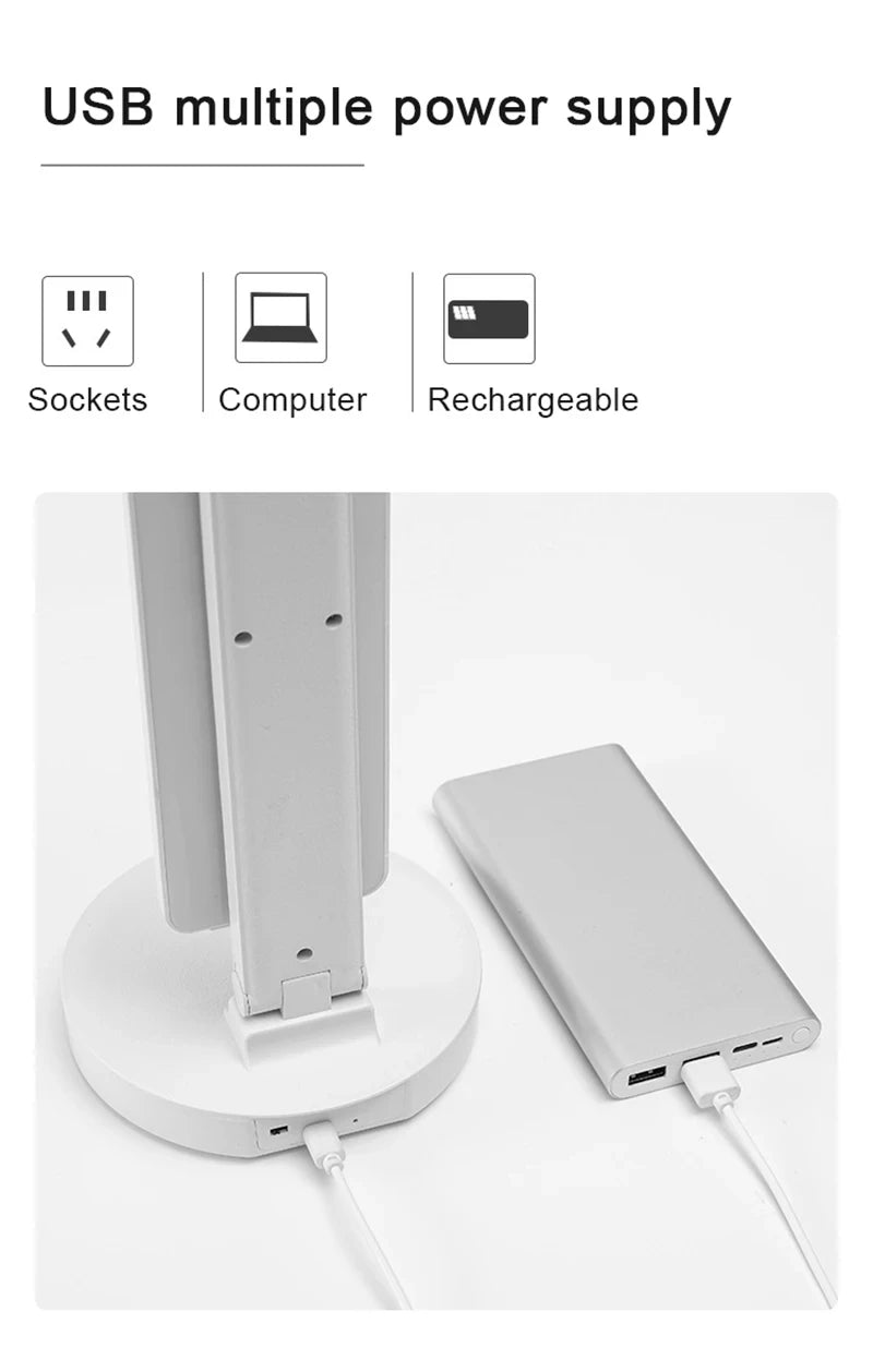 Multifunctional Eye Protection Rechargeable LED Clock Dimmable Desk Lamp 180° Rotating Foldable Desktop Reading Night Light USB