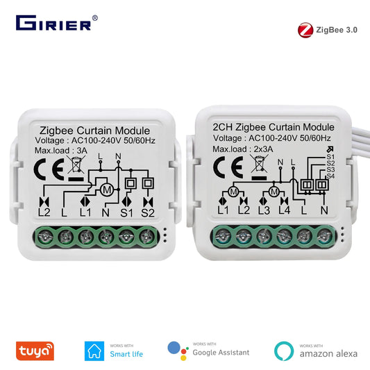 GIRIER Tuya ZigBee 3.0 Smart Blind Curtain Switch Module 1/2 Gang for Roller Shutter Electric Motor Works with Alexa Google Home