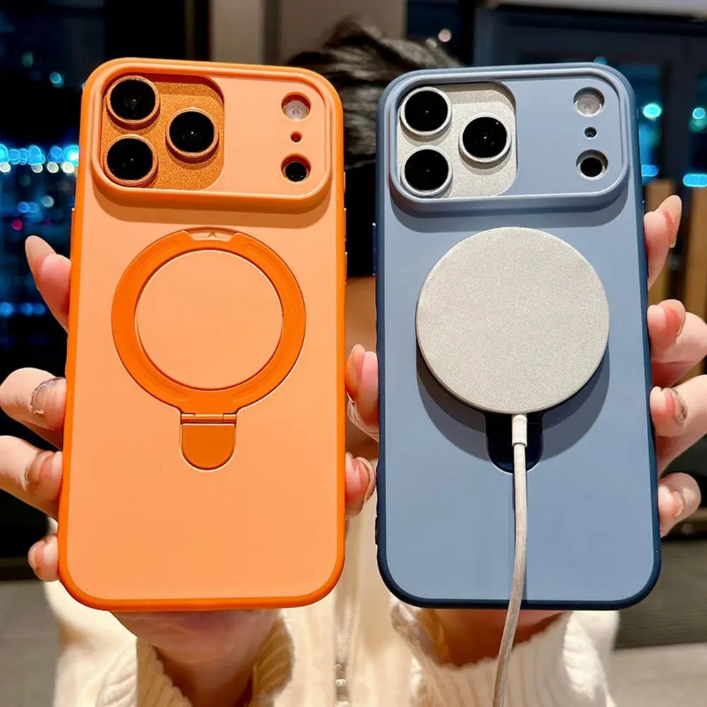 Luxury Skin Feel for Magsafe Phone Case For iPhone 17 16 13 15 Pro Max 14 Plus Magnetic Bracket Stand Anti-slip PC Cover