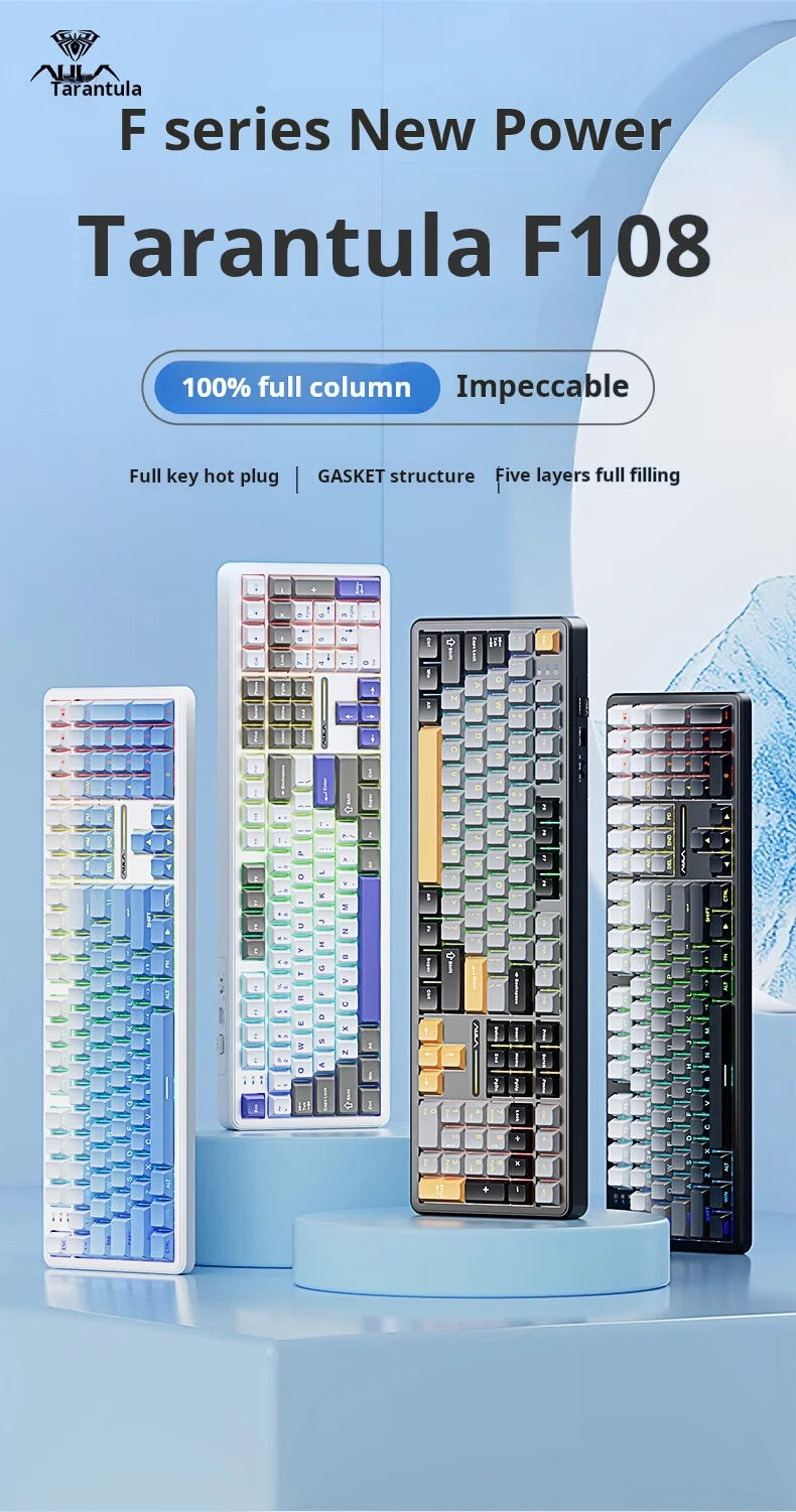 AULA F108pro Mechanical Keyboard Three-mode Bluetooth /2.4G/ Wired Customized Full-key Hot-swapable Gasket Structure RGB Light e