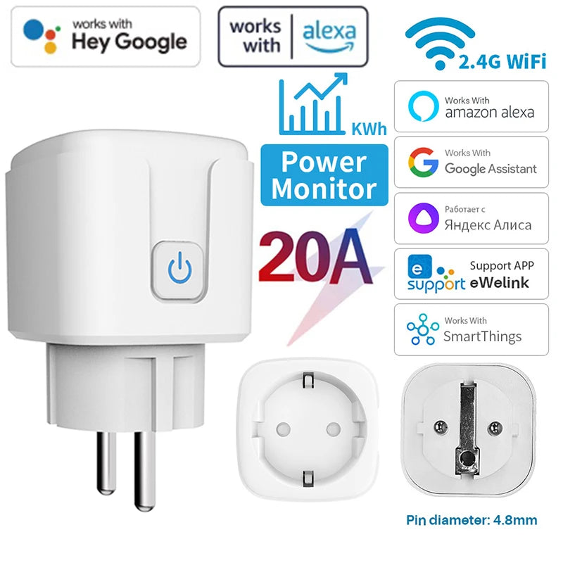 20A Wifi Smart Plug EU Socket With Power Monitoring Timing Function Voice Control Support Alexa Google Home Assistant EWelink