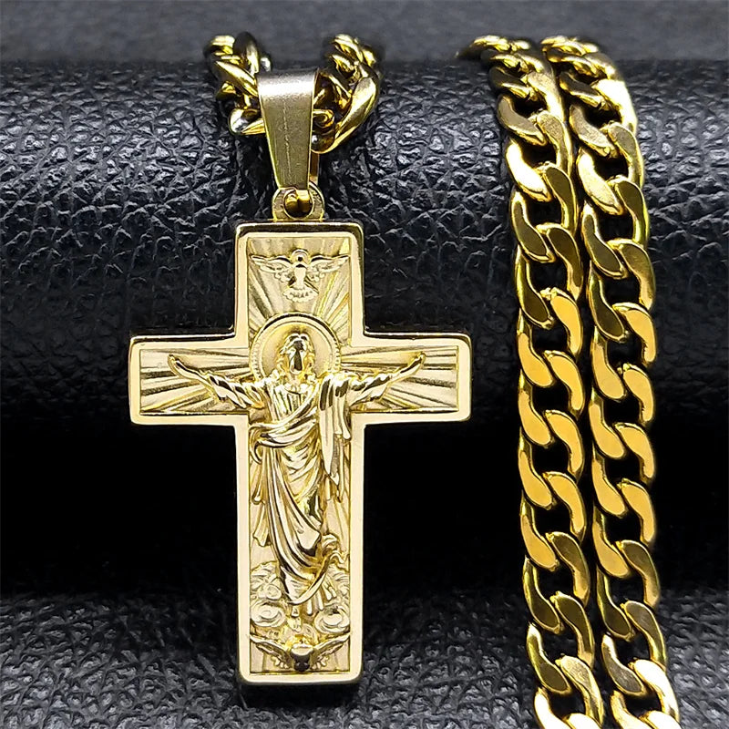 Stainless Steel Cross Jesus Pendant Necklace for Men Gold Color Hip Hop Cuban Chain Religious Crucifix Necklaces Jewelry NZZ470S