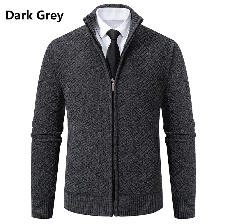 Mens Sweaters Jacket Full Zip Fleeced Sweater Cardigan Plaid Stand Collar Sweaters Coat Autumn Winter Homme Clothes
