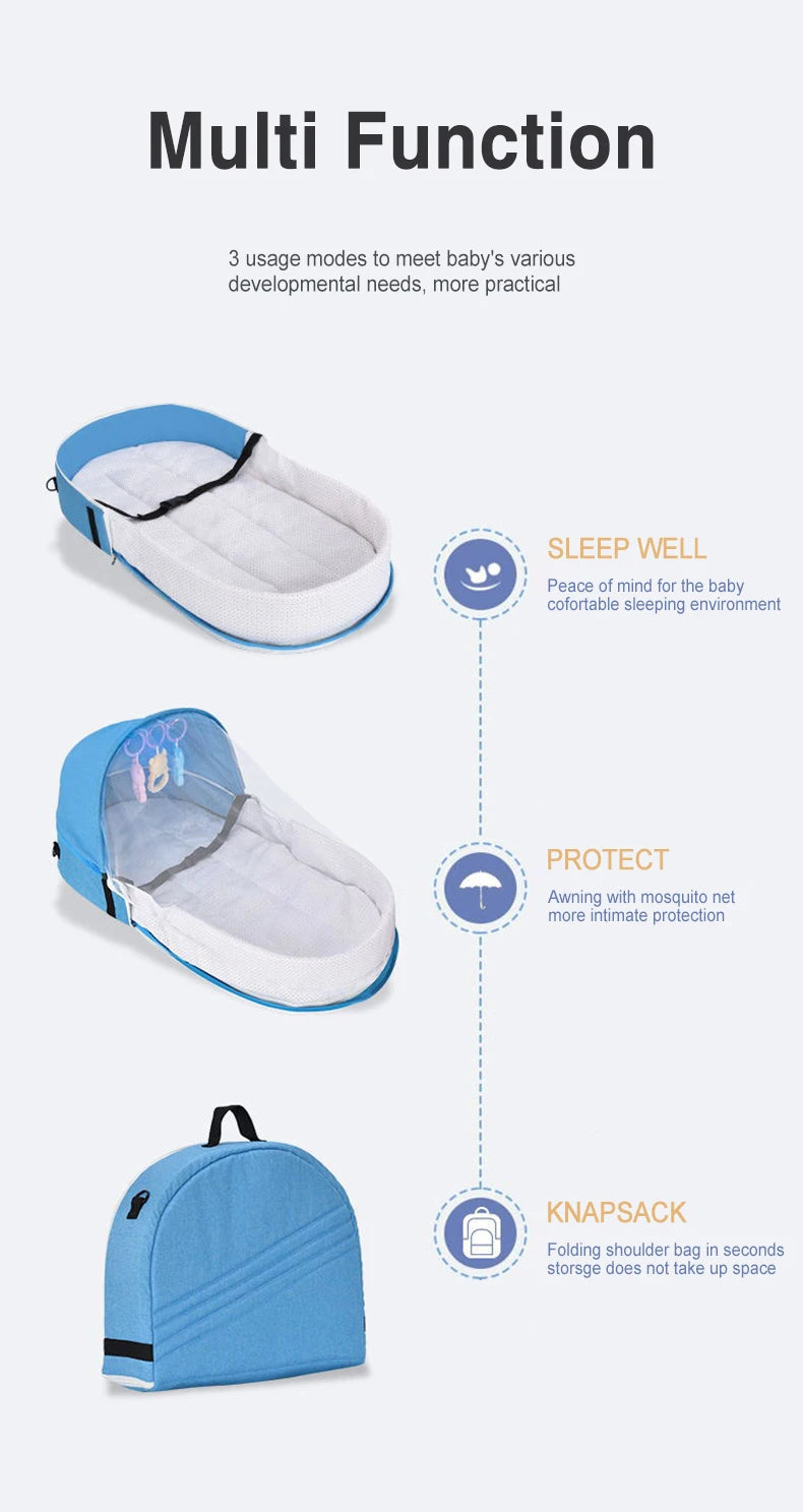 Portable Foldable Baby Crib with Mosquito Net Travel Backpack Playpen for Newborns 2-12 Months Multi-Function Baby Bed with Toys
