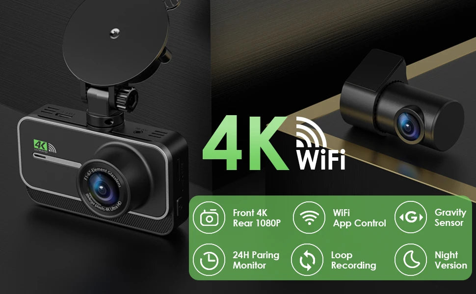 Dash Cam for Cars Car Camera Dash Cam 4K WIFI Camera for Car Front and Rear Dash Camera Black Box 24H Parking Mode Recorder
