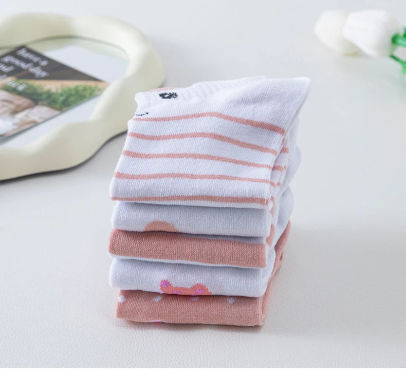 5 Pairs of WOMEN'S Short Socks, Pink Cat Thin, Cute All Season Boat Socks, Slow Top, Fashionable Boat Socks
