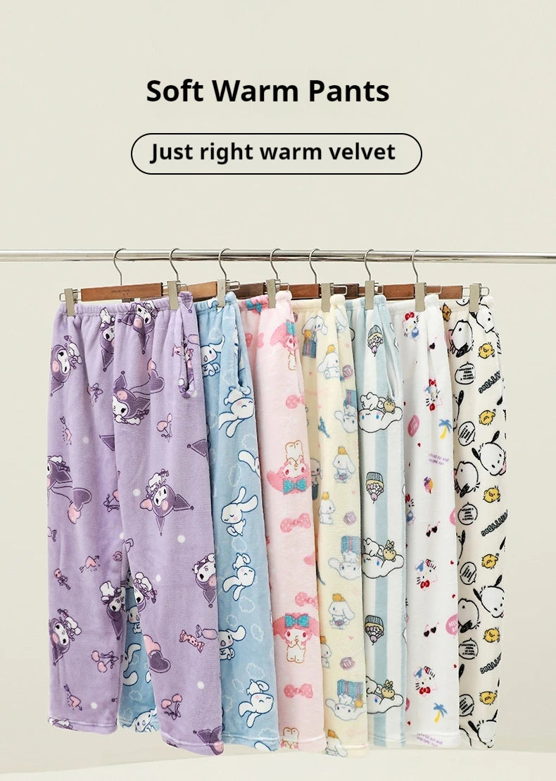 Miniso Hello Kitty Kuromi Sleeper Pants With Flannel Thick Fleece For Warmth Casual Cute Cartoon Pattern Girl Christmas Clothing