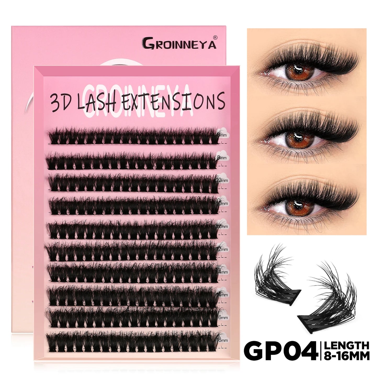 GROINNEYA Lashes Cluster DIY Lash Extension Mixed Tray Clusters Eyelashes Fluffy Volume Individual Lashes Cat Eye Lash Extension