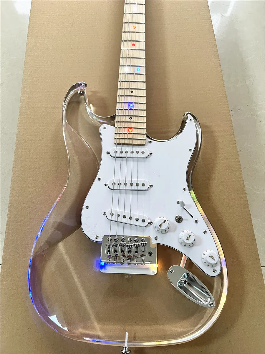 High quality classic acrylic clear Plexiglas crystal 6-string electric guitar with colored lights maple neck Free shipping