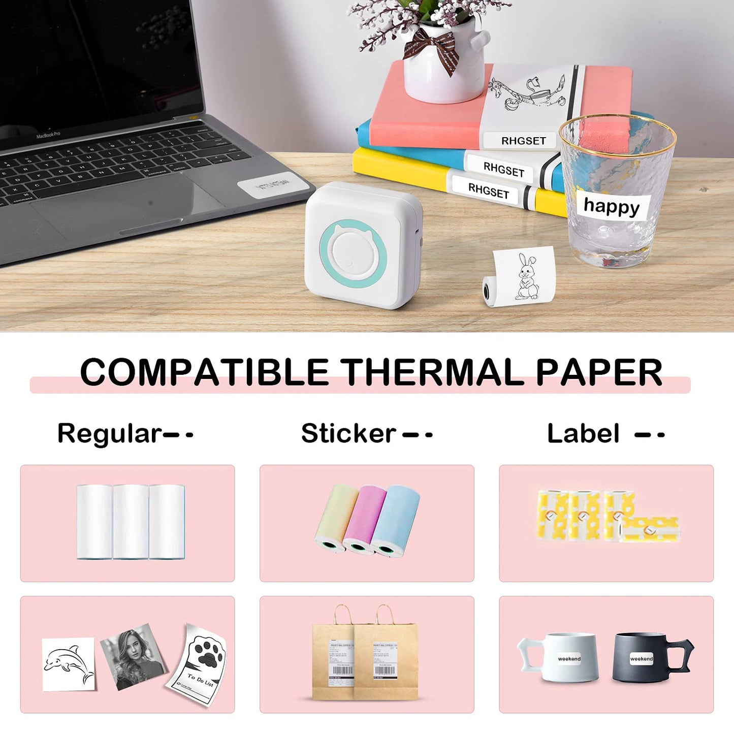 58mm Mini Thermal Printer BT 203dpi Photo Label Memo Wrong Question Printing Portable Wirelessly With USB Cable Portable