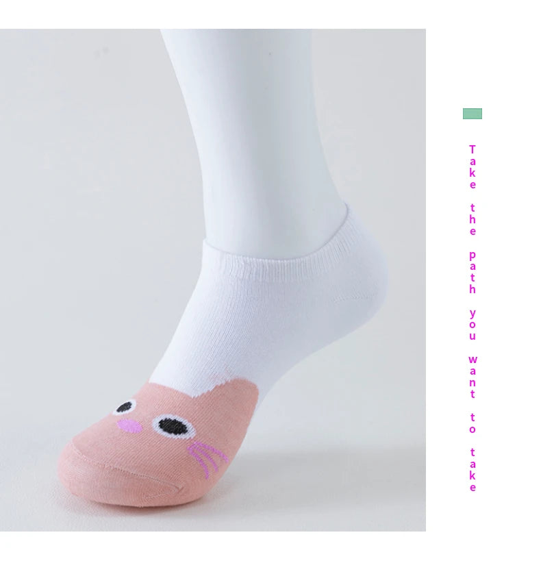 5 Pairs of WOMEN'S Short Socks, Pink Cat Thin, Cute All Season Boat Socks, Slow Top, Fashionable Boat Socks