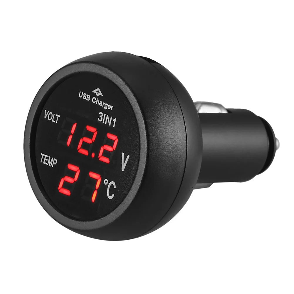 3 in 1 12/24V Car Auto LED Digital Voltmeter Gauge Thermometer USB Charger Monitor Display Charging for Phone Tablet GPS