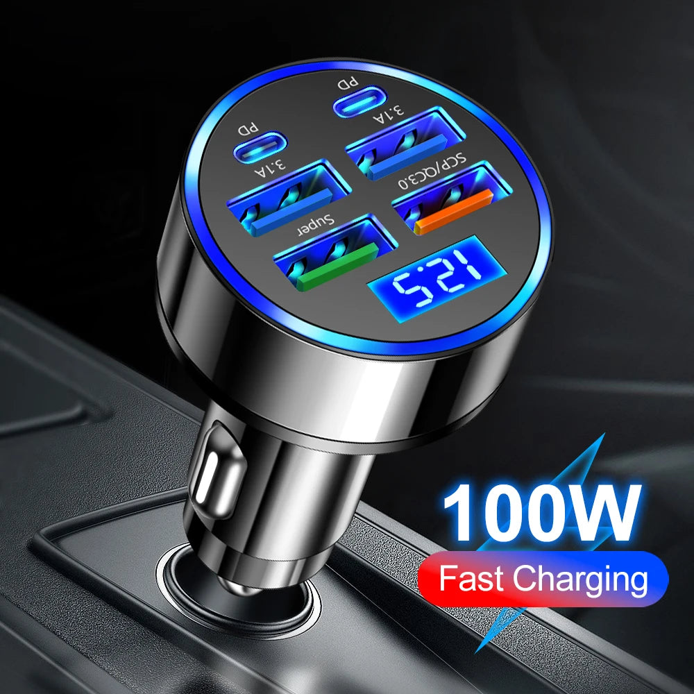 6 Ports Car Charger 100W Fast Charging PD QC3.0 USB C Car Phone Charger Type C Adapter in Car For iPhone Samsung Huawei Xiaomi