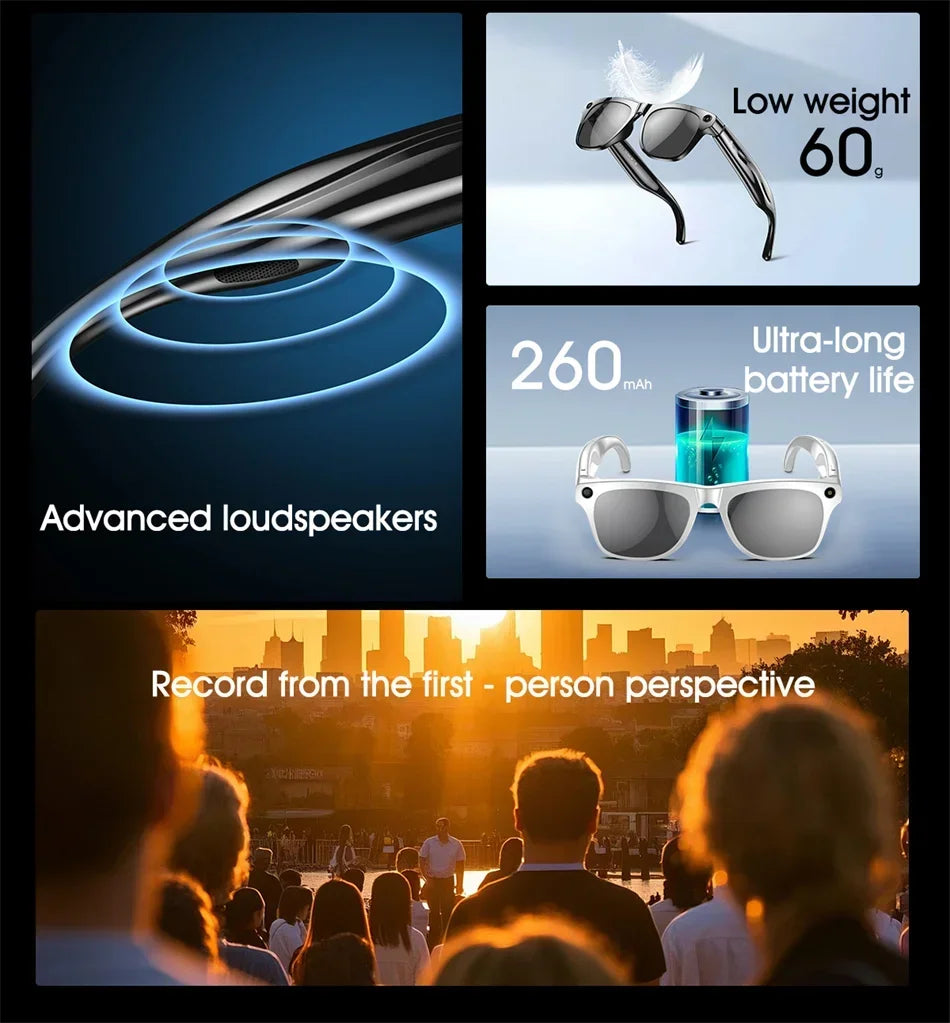 4K HD AI Smart Glasses With Camera Bluetooth Call Camera Chat GPT 260Mah Battery Assistant Control Waterproof Smart Glasses