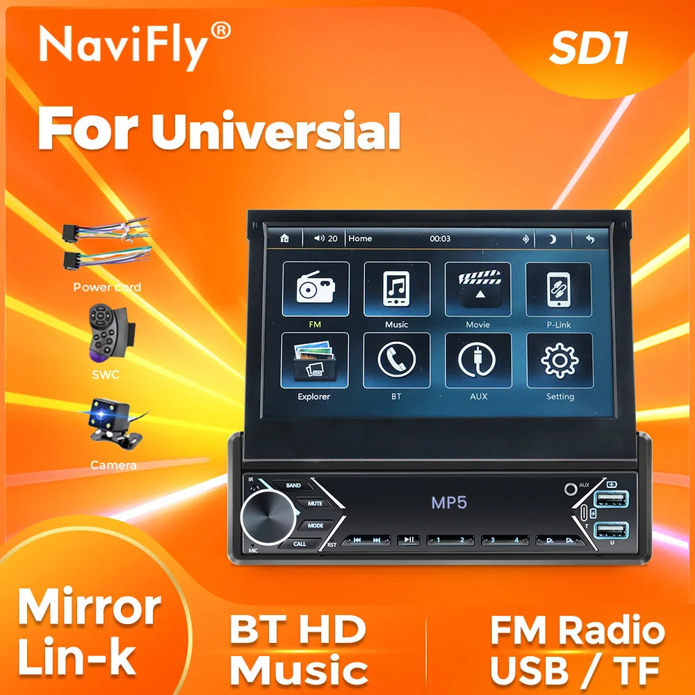 Navifly 1 Din Car Radio Stereo Universal 7-Inch HD Touch Screen Multimedia Player BT Mirror Link Monitor AUX Intelligent Systems
