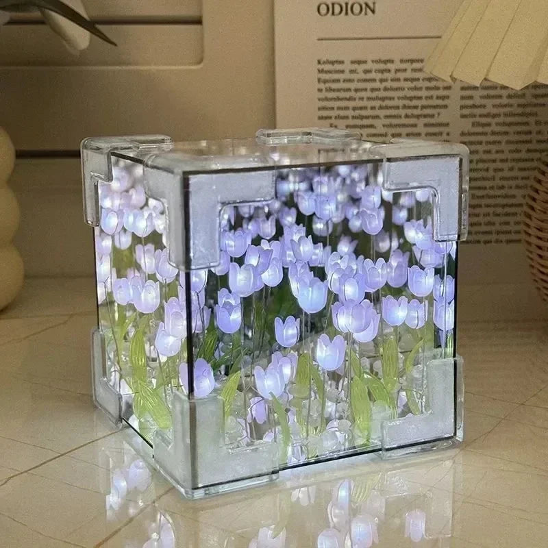 DIY Handmade Tulip Mirror Cube Lamp Simulation Flower Bedroom Sleeping Table Lamp Craft Tulips Mirror Night Light Birthday Gift