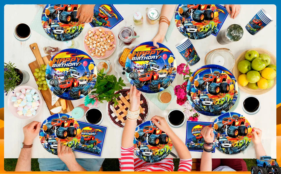 Monster Truck Party Supplies,140pcs Monster Truck Birthday Decorations&Tableware Set Blaze Party Decorations for Kids