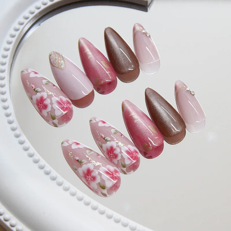 24Pcs Peach Blossom Press on Nails Cat's Eye Nude Glitter False Nail for Women&Girl Spring and Summer Detachable Wearable Nail