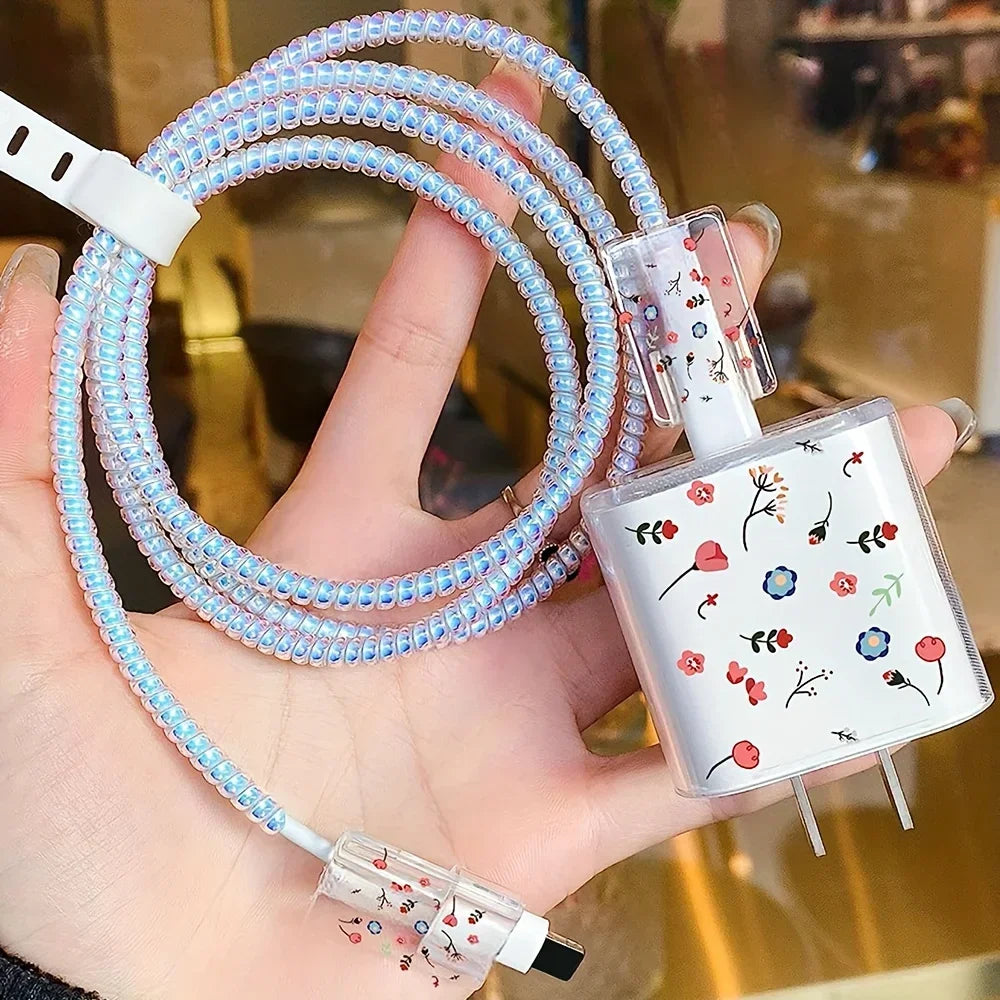 5pcs/set Hybrid Floral Charger Protector For iPhone 20w Charger Cable Management  Wire Organizer  Silicone Cable Organizer