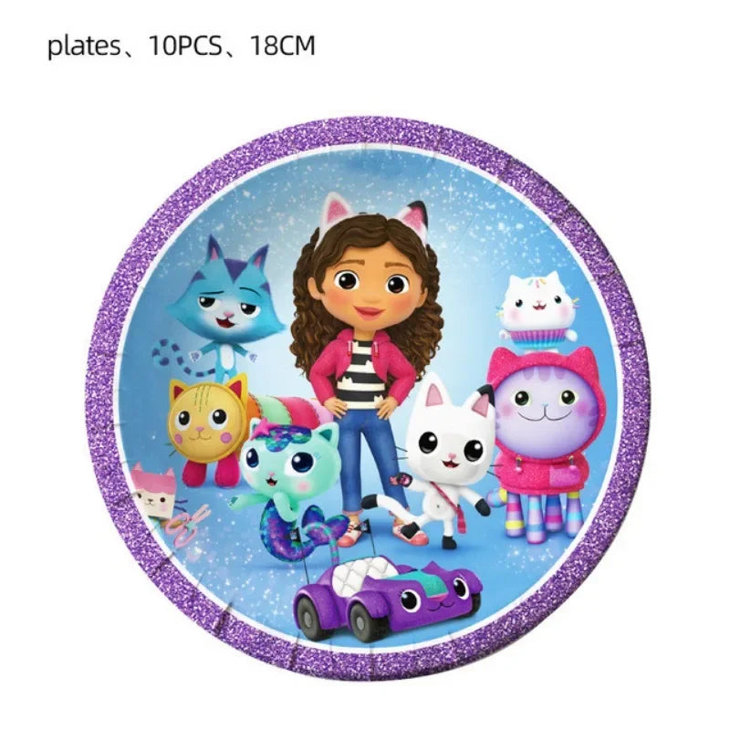 Disney Gabby Doll House Theme Birthday Party Flag Pulling Balloon Decoration Disposable Tableware Supplies