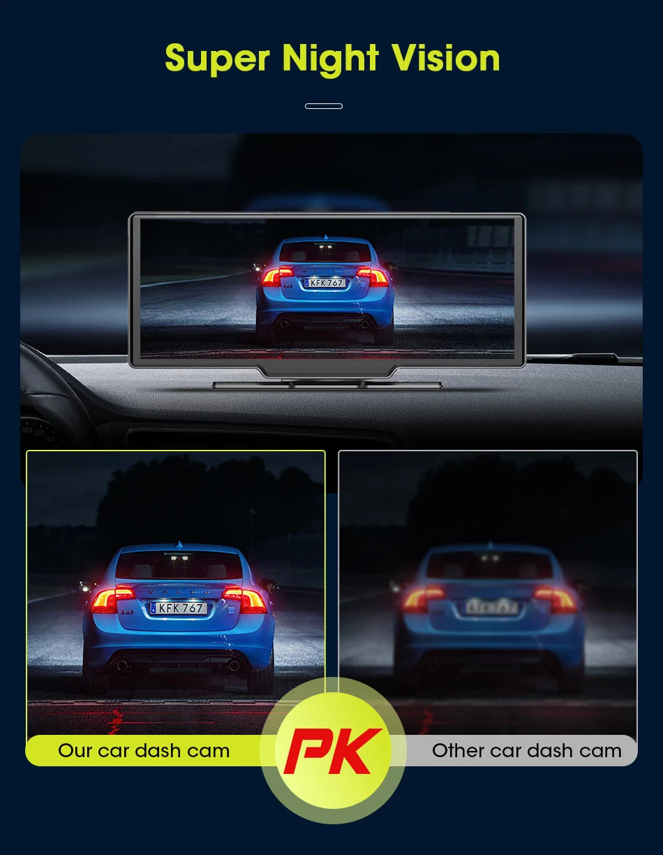 10.26" Car DVR Carplay Android Auto Dashcam 4K 3840*2160 Front And 1080P Rear Camera Voice Control BT FM GPS Recorder Dual lens