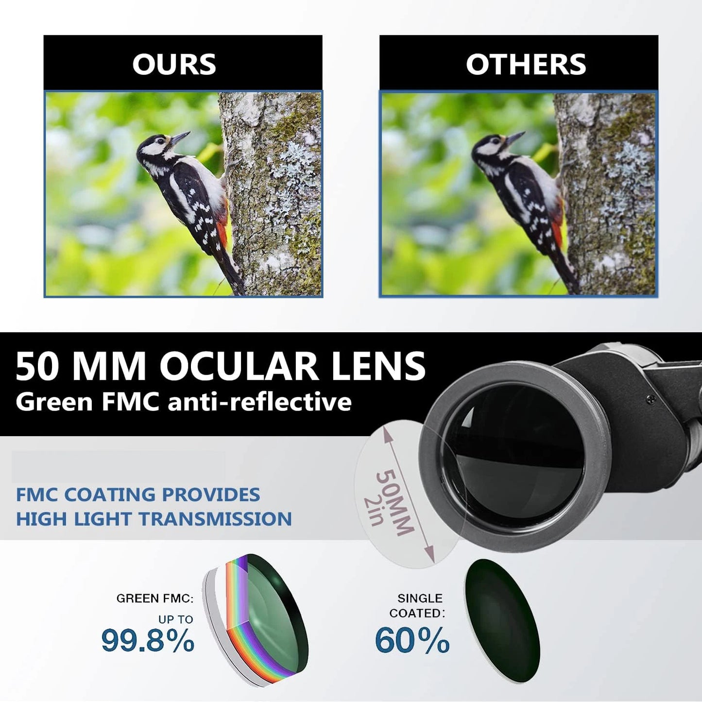 Long Range 10x50 Binoculars FMC Coated BAK4 Prism IPX4 Waterproof Telescope Lightweight Portable Gear for Camping Hiking Hunting